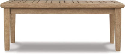 Signature Design by Ashley Gerianne Outdoor Coffee Table, Eucalyptus Wood With 5‑Step Protective Finish & Slatted Top for Rain Shedding, Durable for Outside Patio Use, Brown