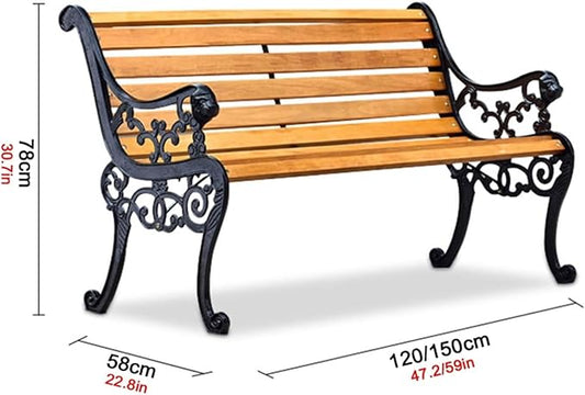 Outdoor Bench, Solid Wood Garden Bench, Metal Bench with Backrest and Armrest, Park Patio Bench for Porch, Lawn(Brown,150cm/59in)