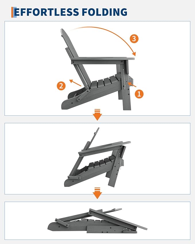 GarveeLife Folding Adirondack Chairs, HDPE Plastic Outdoor Chairs with Wood Texture - 380Lbs & Weather Resistant for Fire Pit, Deck, Patio, Pool, Backyard - Gray