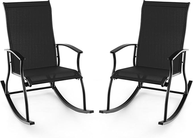 Giantex Outdoor Rocking Chair Set of 2 - Patio Rocking Chairs w/Breathable Backrest, Sturdy Metal Frame & Safe Ergonomic Design, Cozy Fabric Rocker for Backyard, Poolside, 330 lbs, Black