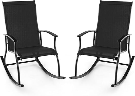 Giantex Outdoor Rocking Chair Set of 2 - Patio Rocking Chairs w/Breathable Backrest, Sturdy Metal Frame & Safe Ergonomic Design, Cozy Fabric Rocker for Backyard, Poolside, 330 lbs, Black