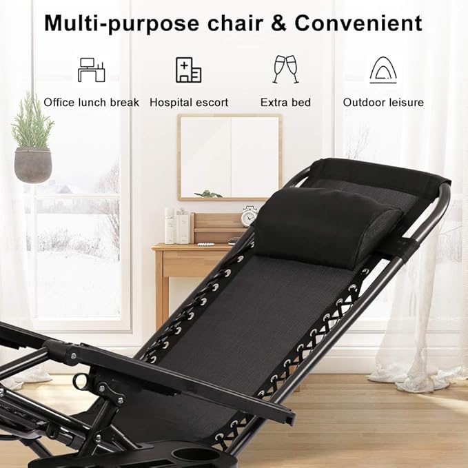 Heavy Duty Zero Gravity Lounge Chair - 350lbs Patio Recliner Pillow & Cup Holder, Adjustable Folding Outdoor Chaise for Pool, Beach, Deck (Black)
