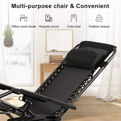 Heavy Duty Zero Gravity Lounge Chair - 350lbs Patio Recliner Pillow & Cup Holder, Adjustable Folding Outdoor Chaise for Pool, Beach, Deck (Black)