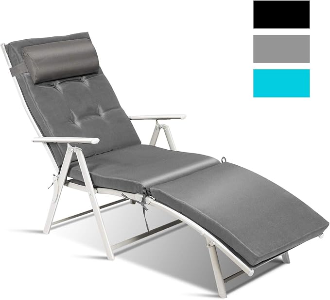 COSTWAY Outdoor Folding Chaise Lounge Chair, Lightweight 7-Gear Adjustable Recliner with Neck Pillow, No Assembly, Ideal for Deck, Patio (Grey)