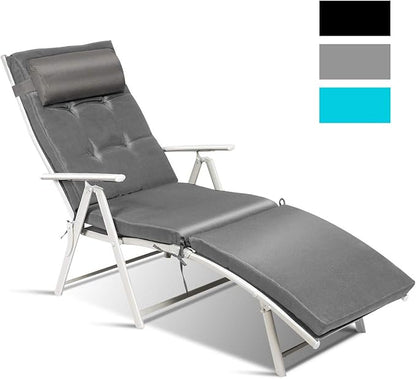 COSTWAY Outdoor Folding Chaise Lounge Chair, Lightweight 7-Gear Adjustable Recliner with Neck Pillow, No Assembly, Ideal for Deck, Patio (Grey)