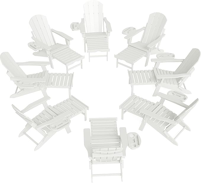 FOOWIN Adirondack Chair with Retractable Ottoman,HDPE Folding Adjustable Adirondack Chair w/4 in 1 Cup Holder Trays,All-Weather Resistant Fire Pit Chair for Outdoor Patio Lawn Set of 8