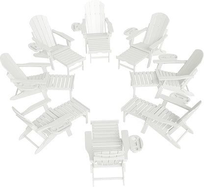 FOOWIN Adirondack Chair with Retractable Ottoman,HDPE Folding Adjustable Adirondack Chair w/4 in 1 Cup Holder Trays,All-Weather Resistant Fire Pit Chair for Outdoor Patio Lawn Set of 8