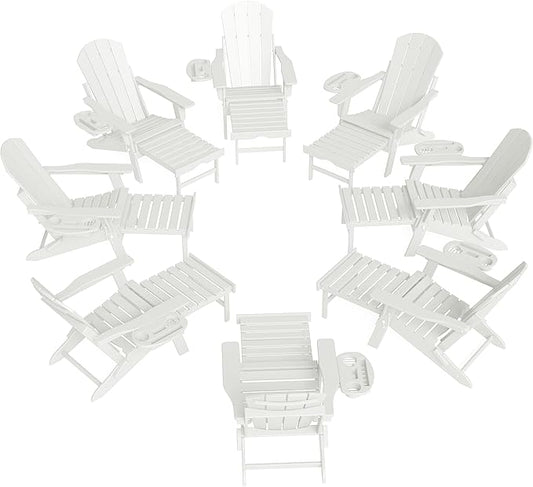 FOOWIN Adirondack Chair with Retractable Ottoman,HDPE Folding Adjustable Adirondack Chair w/4 in 1 Cup Holder Trays,All-Weather Resistant Fire Pit Chair for Outdoor Patio Lawn Set of 8