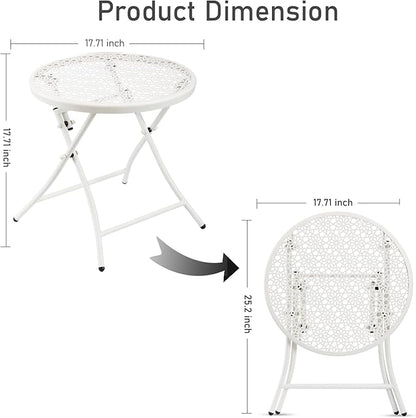 TeoKJ Folding Outdoor Side Tables, Anti Rust Small Patio Table Round Metal Nightstand with Flower Cutouts for Porch Yard Balcony Deck Lawn, White