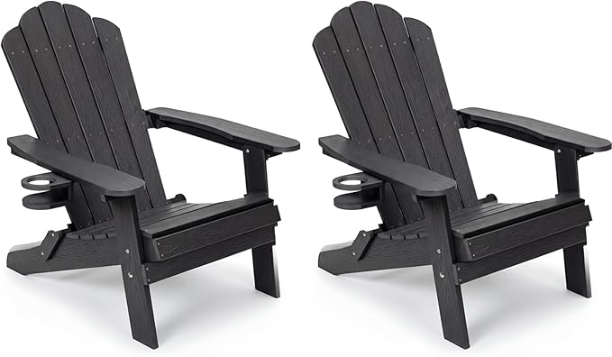 JEKO&JEKO Folding Adirondack Chairs Set of 2, All-Weather Outdoor Chair with Cup Holder, Plastic Adirondack Chair for Patio, Garden, Lawn, Porch, Deck, Backyard – Black