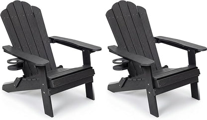 JEKO&JEKO Folding Adirondack Chairs Set of 2, All-Weather Outdoor Chair with Cup Holder, Plastic Adirondack Chair for Patio, Garden, Lawn, Porch, Deck, Backyard – Black