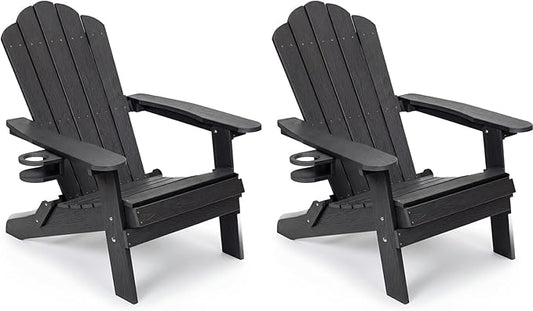 JEKO&JEKO Folding Adirondack Chairs Set of 2, All-Weather Outdoor Chair with Cup Holder, Plastic Adirondack Chair for Patio, Garden, Lawn, Porch, Deck, Backyard – Black