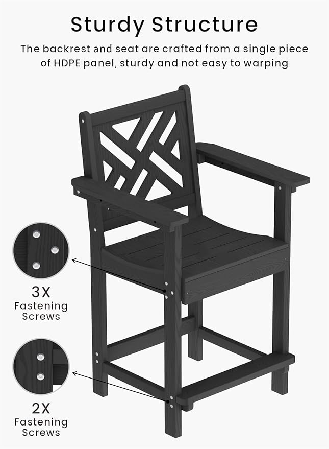 Tall Adirondack Chairs Set of 2, Outdoor 24'' Counter Height Bar Stools with Back and Arms, All-Weather HDPE Patio Tall Chairs for Balcony, Backyard, Garden, Deck (Black)