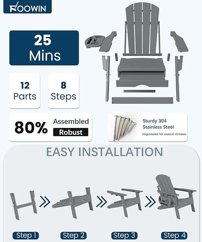 FOOWIN Folding Adjustable Adirondack Chair with Retractable Ottoman Set of 4, HDPE Adirondack Chair w/4 in 1 Cup Holder Trays,All-Weather Resistant Fire Pit Chair for Outdoor Patio Lawn, Grey