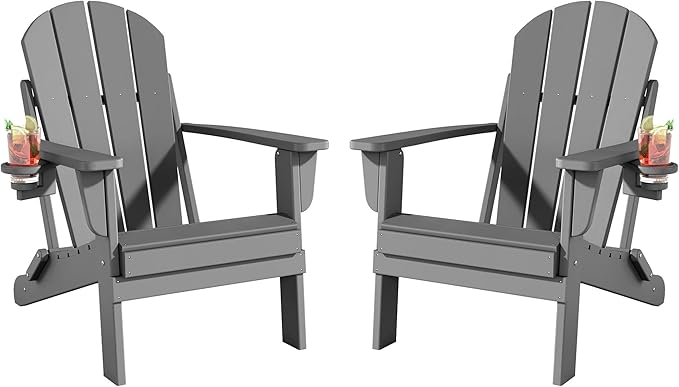 Folding Adirondack Chairs Set of 2, All-Weather Resistant HDPE Patio Firepit Chairs, Sturdy Outside Chairs with Cup Holder, Lawn Chairs, 80% Pre-Installed Load Capacity 385lb, Slate Grey