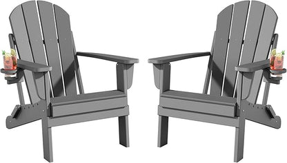 Folding Adirondack Chairs Set of 2, All-Weather Resistant HDPE Patio Firepit Chairs, Sturdy Outside Chairs with Cup Holder, Lawn Chairs, 80% Pre-Installed Load Capacity 385lb, Slate Grey