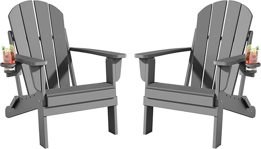Folding Adirondack Chairs Set of 2, All-Weather Resistant HDPE Patio Firepit Chairs, Sturdy Outside Chairs with Cup Holder, Lawn Chairs, 80% Pre-Installed Load Capacity 385lb, Slate Grey