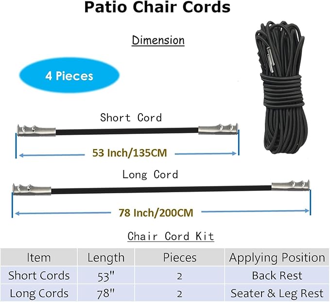 Zero Gravity Chair Cord Replacement, 4 Pack, Elastic Cord for antigravity Chair, Patio Recliner Chair, Lawn Bungee Chair, Beach Chair, Lounge Chair, Outdoor String Chair, Nylon Stretch String Cord