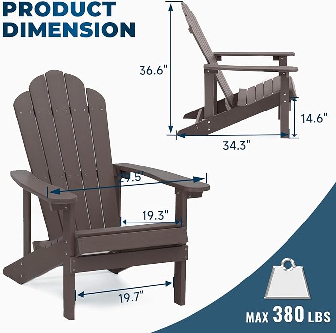 ELEGANT Folding Adirondack Chairs, Patio Chairs, Lawn Chairs, Outdoor Chair, Adirondack Chair Wood, Fire Pit, Weather Resistant for Deck, Backyard, Garden(Gray)