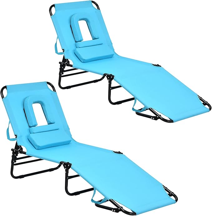 GYMAX Beach Lounge Chair, Sunbathing Chair Patio Lounge Chair Folding Adjustable Recliner with Hole for Face