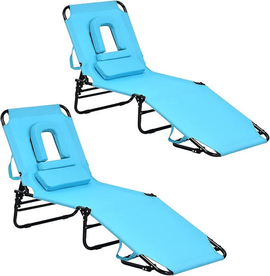 GYMAX Beach Lounge Chair, Sunbathing Chair Patio Lounge Chair Folding Adjustable Recliner with Hole for Face