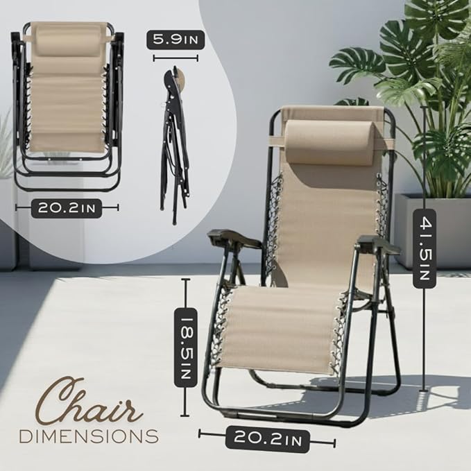 2-Pack Adjustable Zero Gravity Lounge Chair with Steel Mesh Fabric: Reclining Lawn Chair Featuring Comfort Pillow - Photo 2