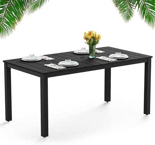 Outdoor Dining Table, Weatherproof 63" Rectangle HIPS Patio Dining Table for 6, with 2" Umbrella Hole, Outdoor Table for Backyard Deck Poolside, Black