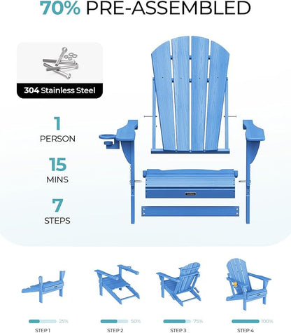 Ciokea Folding Adirondack Chairs Set of 4, Patio Adirondack Chair Weather Resistant, Plastic Fire Pit Chair with Cup Holder, Lawn Chair for Outdoor Porch Garden Backyard Deck, Baby Blue