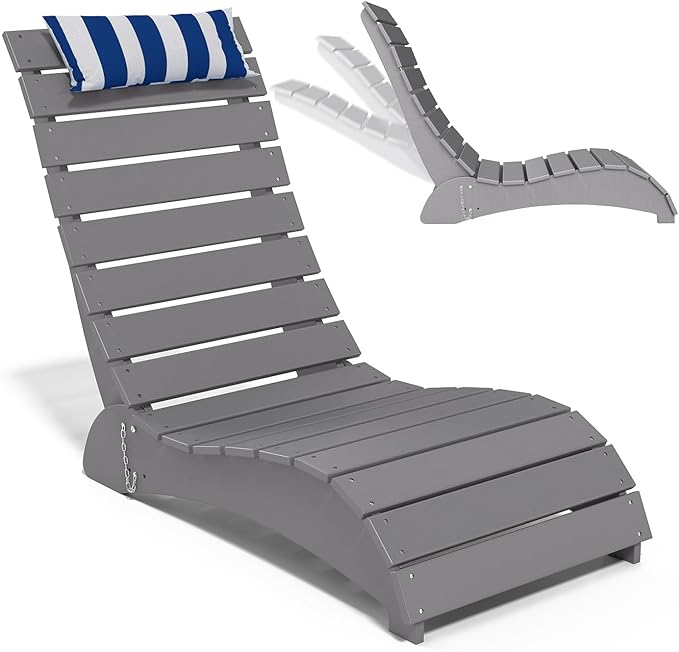 Pool Lounge Chairs, HDPE Adjustable Chaise Chairs with Headrest, Weighted Fade-Resistant Pool Chairs and Lounger for Baja Ledge，Poolside and Deck, Grey
