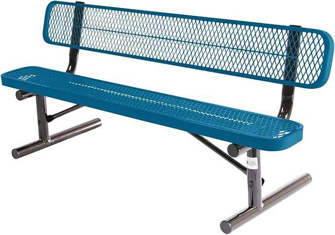 COATEDOUTDOORFURNITURE Heavy-Duty Portable Outdoor Bench Thermoplastic Coated, Expanded Metal, Commercial-Grade Seating, Made in America (Portable with Back, 6 Ft, Light Blue)