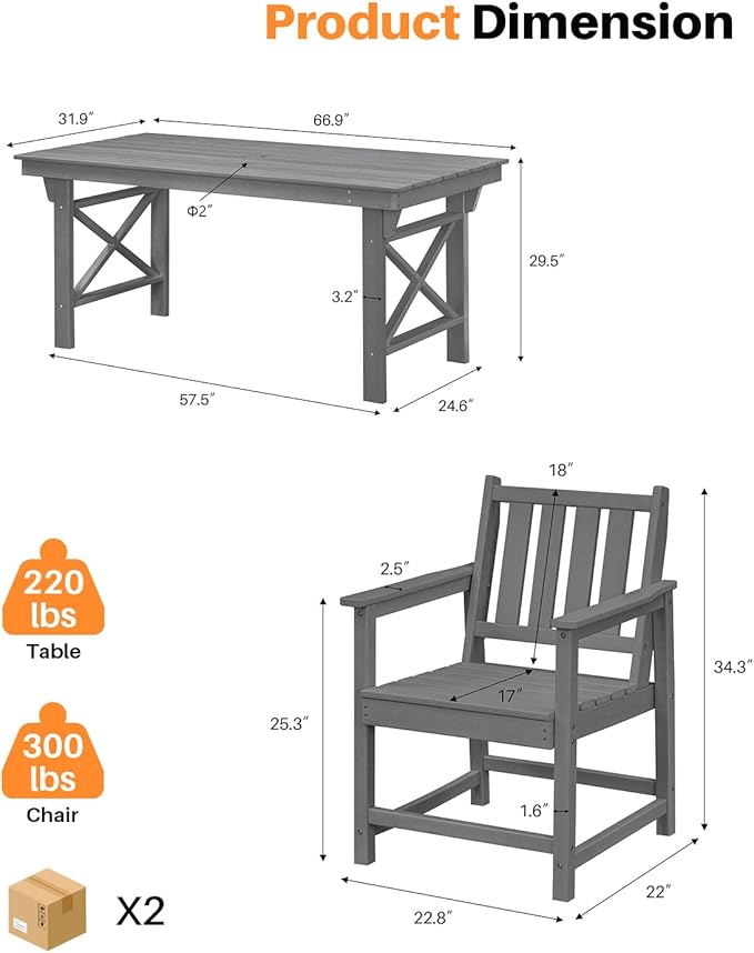 7 Pieces HDPE Outdoor Dining Set, Patio Dining Set with Umbrella Hole, All Weather Outdoor Dining Table Sets for 6 - Photo 3