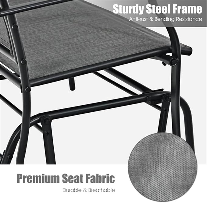 Pemberly Row Patio Glider Rocking Bench, Gray Metal Frame, Ergonomic 2-Person Double Chair with Smooth Motion, Durable Outdoor Seating for Backyard, Patio, or Garden