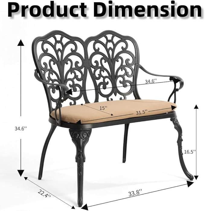 Patio Aluminum Outdoor Bench with Soft Cushion, Garden Metal Loveseat Furniture, Vintage Carving Antique Black Front Porch Chair Seat