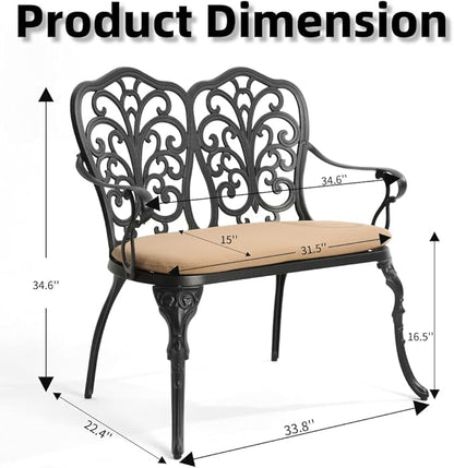 Patio Aluminum Outdoor Bench with Soft Cushion, Garden Metal Loveseat Furniture, Vintage Carving Antique Black Front Porch Chair Seat