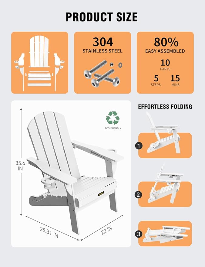 Folding Adirondack Chair Set of 6, Wooden Textured Plastic Adirondack Chairs with 2 Cup Holder, Weather Resistant HDPE Fire Pit Chair, Outdoor Patio Chairs for Garden, Backyard, Lawn, Deck, White