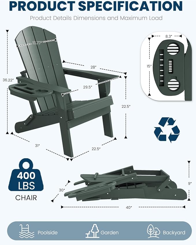 FOOWIN Folding Adirondack Chair Set of 8, HDPE Adirondack Chairs with Cup Holder - Photo 2