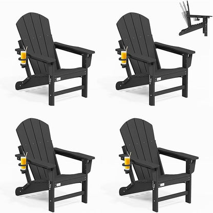 Mdeam 3-Position Adjustable Adirondack Chairs Set of 4, 400LBS Capacity, Cup Holder, Wooden Textured, All-Weather HDPE Folding Fire Pit Outdoor Chairs for Poolside Deck Patio Garden Yard Lawn - Black