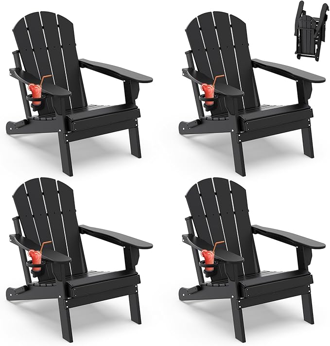 IVY&LANE Folding-Adirondack-Chairs-Set-of-4 | HDPE Plastic | Outdoor Fire Pit Chair with Cup Holder | Black | Poly | Weather Resistant | for Patio Deck Poolside Garden Beach