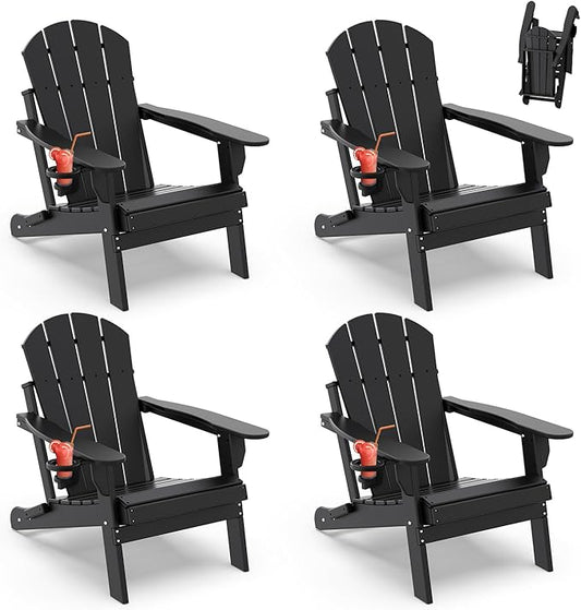 IVY&LANE Folding-Adirondack-Chairs-Set-of-4 | HDPE Plastic | Outdoor Fire Pit Chair with Cup Holder | Black | Poly | Weather Resistant | for Patio Deck Poolside Garden Beach