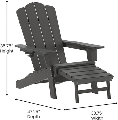 Flash Furniture Newport Adirondack Cup Holder and Pull Out Ottoman, All-Weather HDPE Indoor/Outdoor Lounge Chair, Set of 2, Gray
