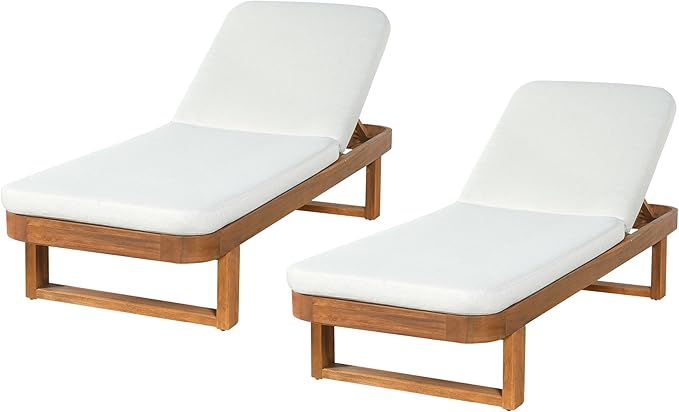 Christopher Knight Home Milos Acacia Wood Chaise Lounge Chair Outdoor Set of 2, Wooden Sunbathing Pool Lounger, Patio Outdoor Chaise Lounge with Cushions, Adjustable Backrest Lounge Sofa, Sand+Teak