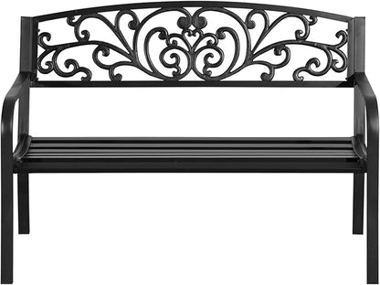 Outdoor Bench, Apartment Double Bench, Metal Garden Bench with Floral Pattern backrest, Porch Bench with slatted seat for Park, Yard, Lawn, Black (Black)