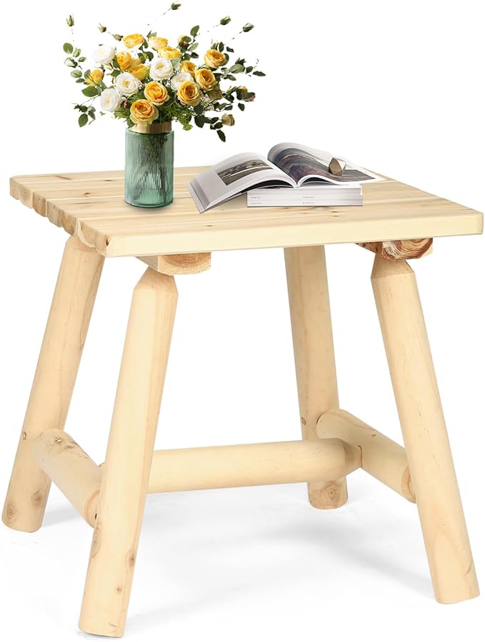 Outdoor Adirondack Log Side Table, 19.5" Thick Wooden Patio Square End Table with Slatted Tabletop, Solid Wood Rustic Accent Table for Indoor & Garden Deck Porch Balcony Backyard, Natural