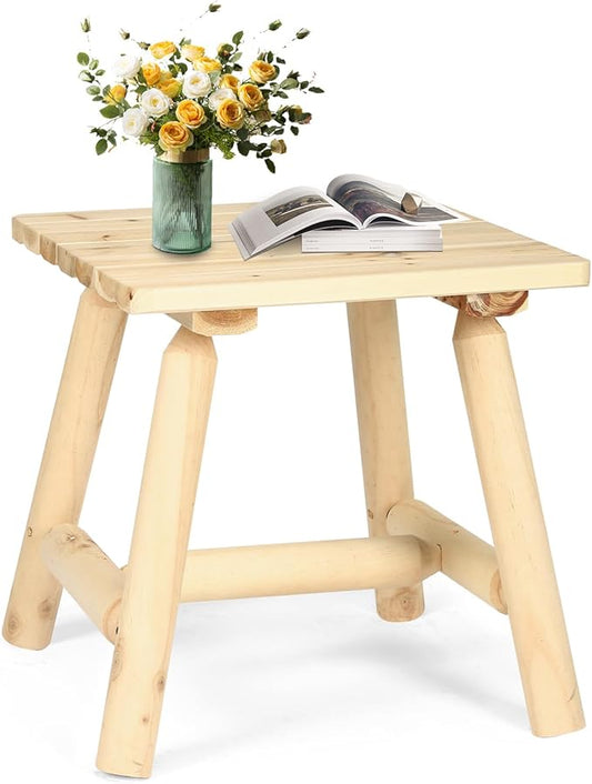 Outdoor Adirondack Log Side Table, 19.5" Thick Wooden Patio Square End Table with Slatted Tabletop, Solid Wood Rustic Accent Table for Indoor & Garden Deck Porch Balcony Backyard, Natural