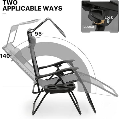 MoNiBloom Zero Gravity Chair Set of 2 with Canopy Shade, Patio Folding Anti Gravity Recliner, Foldable Outdoor Lounger with Cup Holder Tray for Beach Camping, Grey