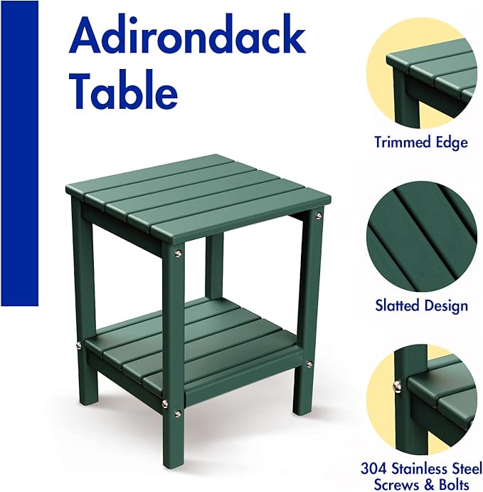 BRIOPAWS Outdoor-Side-Table | Small | HDPE Plastic | Patio End-Table | 2-Shelf Adirondack Outside Tables | All Weather | for Poolside Front Porch Indoor Living Room | 14" x 13" | Forest