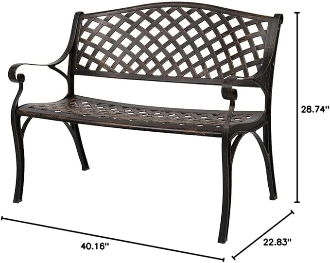 Outvita 2-Person Aluminium Outdoor Bench, Waterproof Patio Loveseat, Mesh Back with Arched Legs, Antique Bronze Finish, Sturdy and Durable, Outdoor, Front Porch, Backyard, Lawn, Garden, Pool, Deck