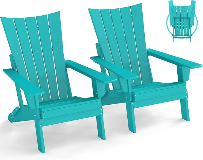 GREENVINES Folding-Adirondack-Chairs-Set-of-2 | HDPE Plastic | Arch Series | Fire Pit Chair | All Weather | for Outdoor Patio Deck Backyard Poolside | Aqua