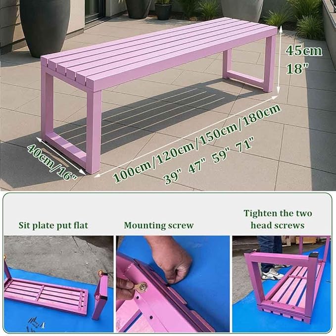 Patio Benches for Outdoors Metal Garden Bench 39" 47" 59" 71" Porch Furniture 2-4 Seating Without Backrest Weatherproof for Park Lawn Garden Yard Tennis Court Seater Chair(Pink,5.9ft)
