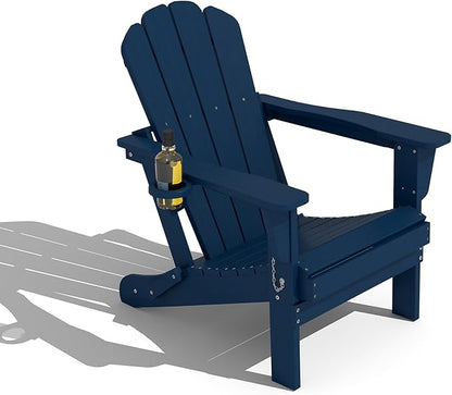 Domi Folding Adirondack Chair, HDPE All-Weather Adirondack Chairs with Cup Holder, Outdoor Plastic Fire Pit Chairs Wood Texture for Poolside, Patio, Backyard, Deck (Blue)